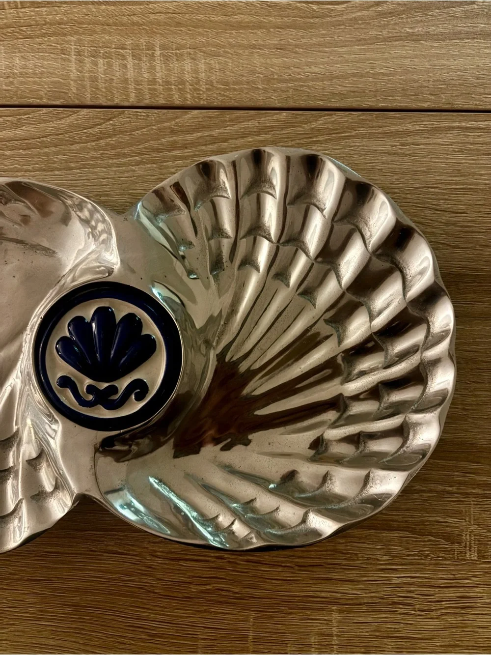 Silver Vintage Double Shell Divided Serving Dish - Blue & White Medallion - 14in